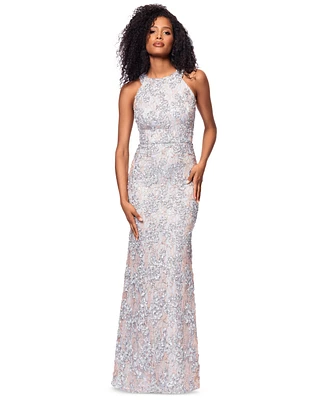 Xscape Petite High-Neck Sleeveless Lace Sheath Gown