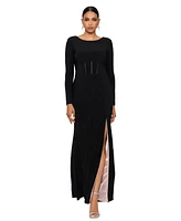 Xscape Women's Corset-Bodice Long-Sleeve Side-Slit Gown