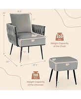 Gouun Modern Dutch Velvet Accent Chair and Ottoman Set with Weaved Back Arms