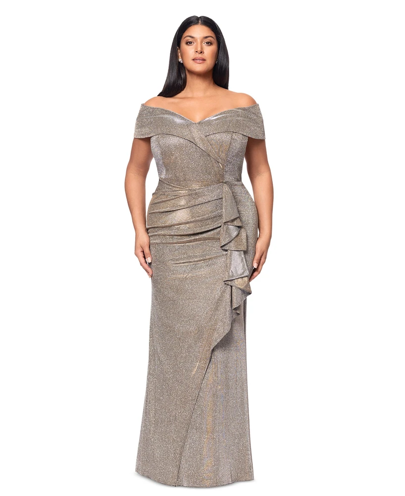 Xscape Plus Sweetheart-Neck Off-The-Shoulder Metallic Gown