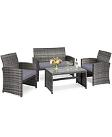 Gouun 4 Pieces Patio Rattan Furniture Set with Glass Table and Loveseat
