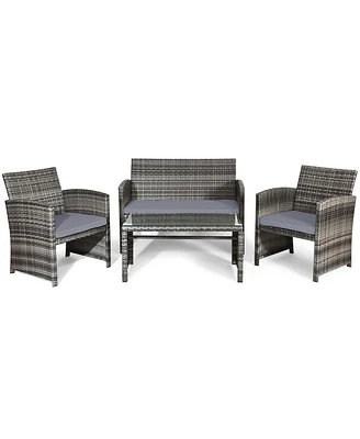 Gouun 4 Pieces Patio Rattan Furniture Set with Glass Table and Loveseat