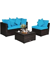 Gouun 4 Pcs Ottoman Garden Deck Patio Rattan Wicker Furniture Set Cushioned Sofa