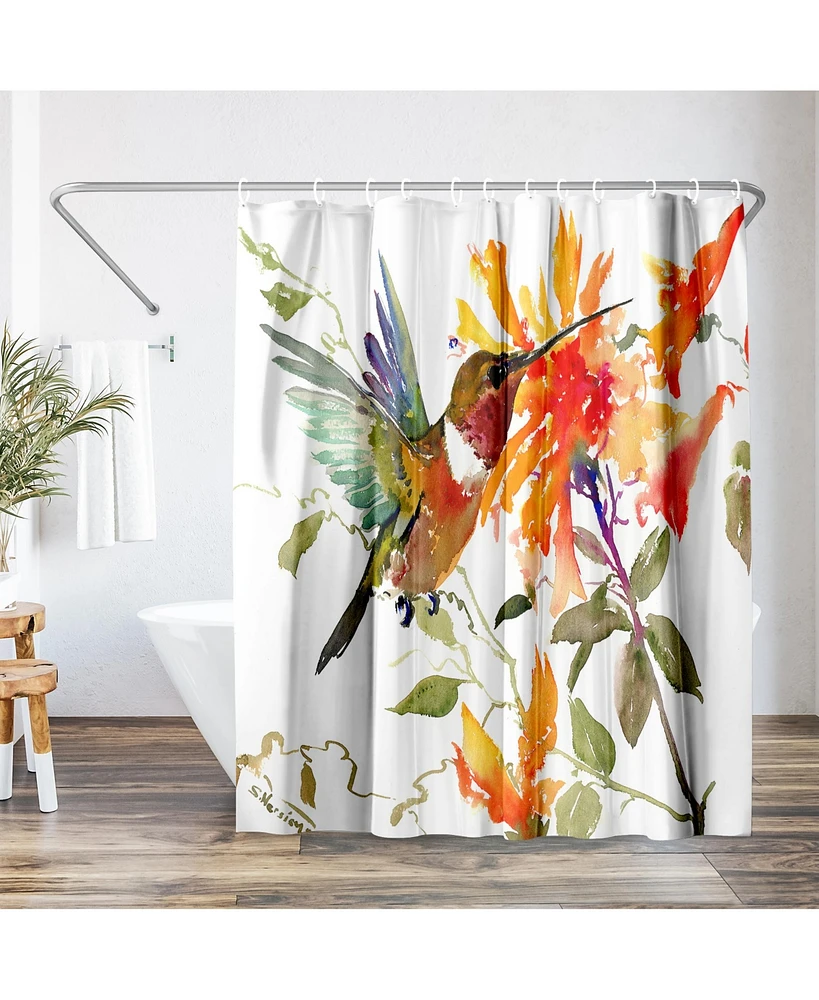 Americanflat 71x74 Hummingbird and Orange Flowers Shower Curtain - 100% Polyester Shower Curtain