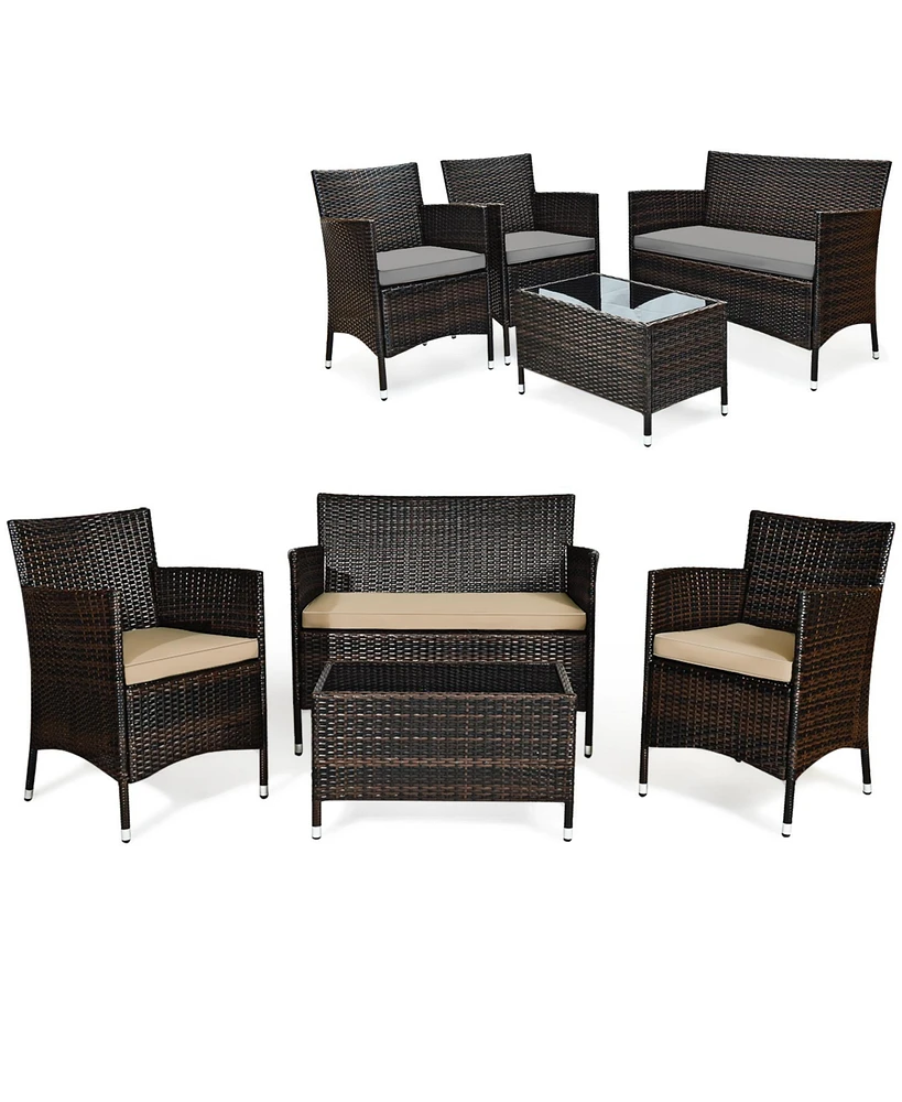 Gouun 4 Pieces Comfortable Outdoor Rattan Sofa Set with Glass Table