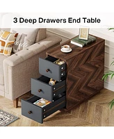 Tribesigns Wood End Table Set of 2, 3-Drawer Narrow Side Table, Slim Sofa Side Table Storage Cabinet, Small Chairside Nightstand Bedside Table for Liv