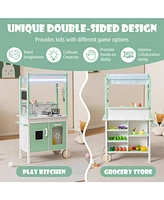 Sugift Double-sided Pretend Play Kitchen with Remote Control and Led Light Bars-Green