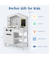 Sugift Kids Wooden Kitchen Play Set with Storage Shelves and Accessories