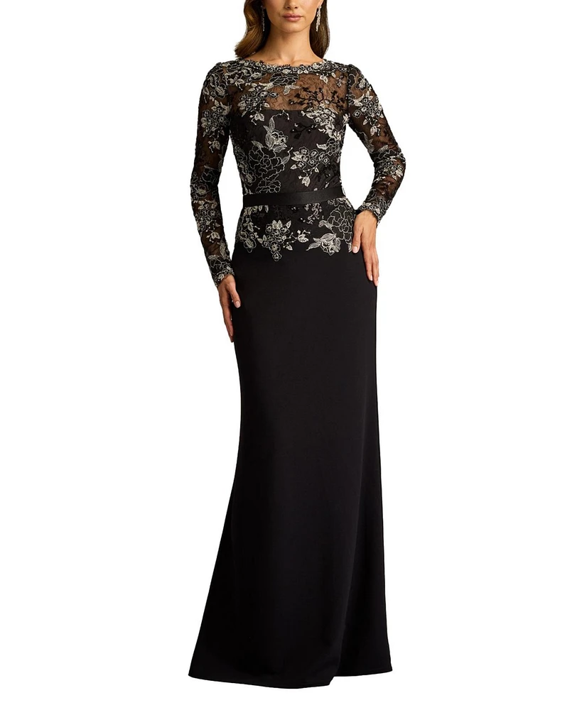 Tadashi Shoji Women's Beacon Belted Embroidered Illusion Gown