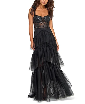 City Studios Juniors' Sequin-Corset Layered-Skirt Gown