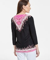 Jm Collection Women's Printed Jacquard 3/4-Sleeve Top, Exclusively at Macy's