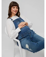 Women's Indigo Blue Side-Panel Letdown Skinny Ankle Denim Overalls - Motherhood Maternity