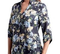 Bcx Juniors' Floral-Print Roll-Tab-Sleeve Collar Top