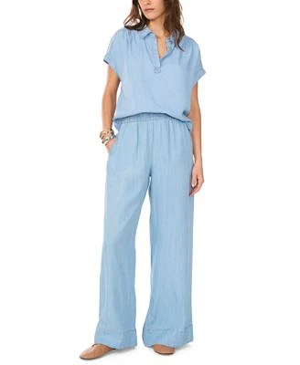 1.State Womens Chambray Johnny Collar Top Chambray Drawstring Wide Leg Pants