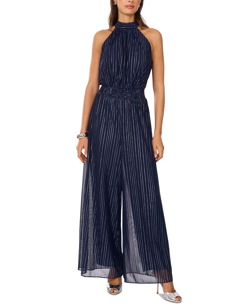 Vince Camuto Women's Shine-Stripe Halter Wide-Leg Smocked-Waist Jumpsuit