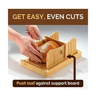 Bambusi Bamboo Bread Slicer with Knife, 3 Slice Thickness, Foldable Compact Cutting Guide with Crumb Tray, Stainless Steel Bread Knife for Bread, Cake