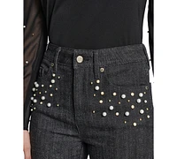 Karl Lagerfeld Paris Women's Faux-Pearl-Embellished Straight-Leg Jeans