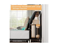 gaomon Full Size Bed Frame with Ergonomic Headboard and Charging Station, Upholstered Platform Bed, Metal Industrial Bed Frame with Storage, No Box Sp