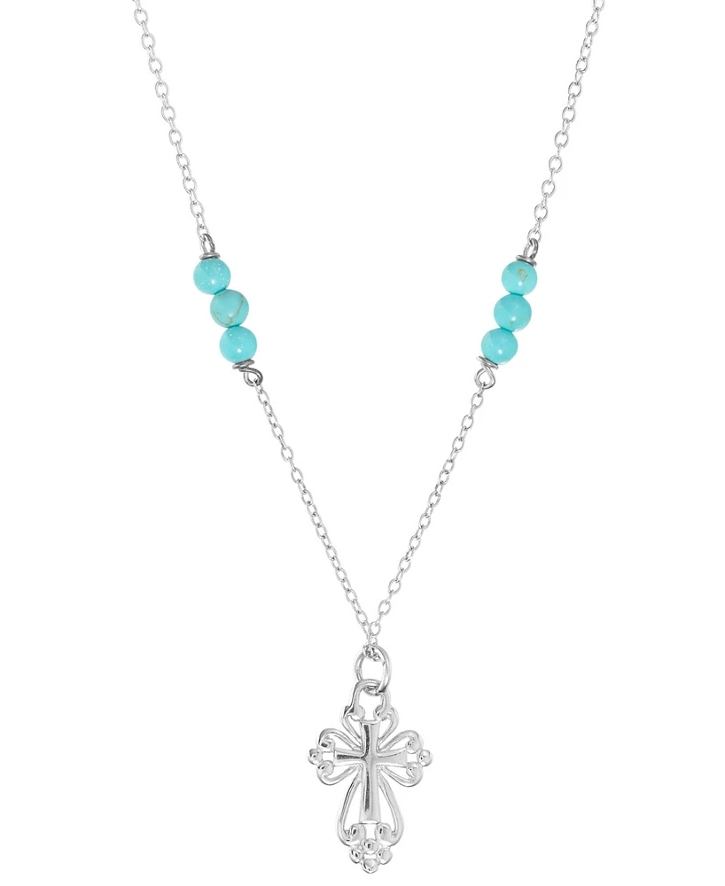 Simulated Turquoise Openwork Cross Pendant Necklace, 16" + 2" extender