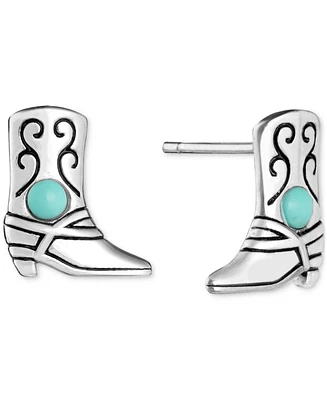 Simulated Turquoise Etched Cowboy Boot Stud Earrings in Sterling Silver