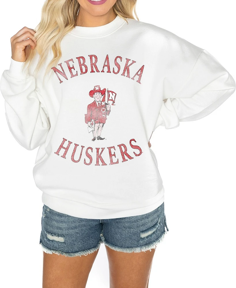 Gameday Couture Women's White Nebraska Huskers Good Vibes Premium Fleece Drop Shoulder Pullover Sweatshirt