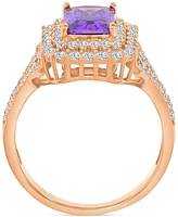 Purple & White Cubic Zirconia Double Halo Statement Ring 14k Rose Gold-Plated Sterling Silver