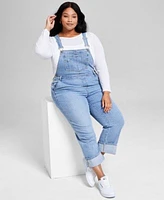 Now This Trendy Plus Size Solid Boat Neck Long Sleeve Layered Top Cuffed Denim Overalls Exclusively At Macys