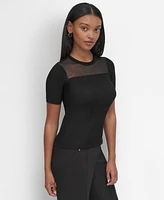 Dkny Petite Mesh-Trim Ribbed Knit Top