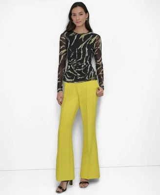 Dkny Petite Printed Mesh Long Sleeve Top Pintuck Flare Leg Pants