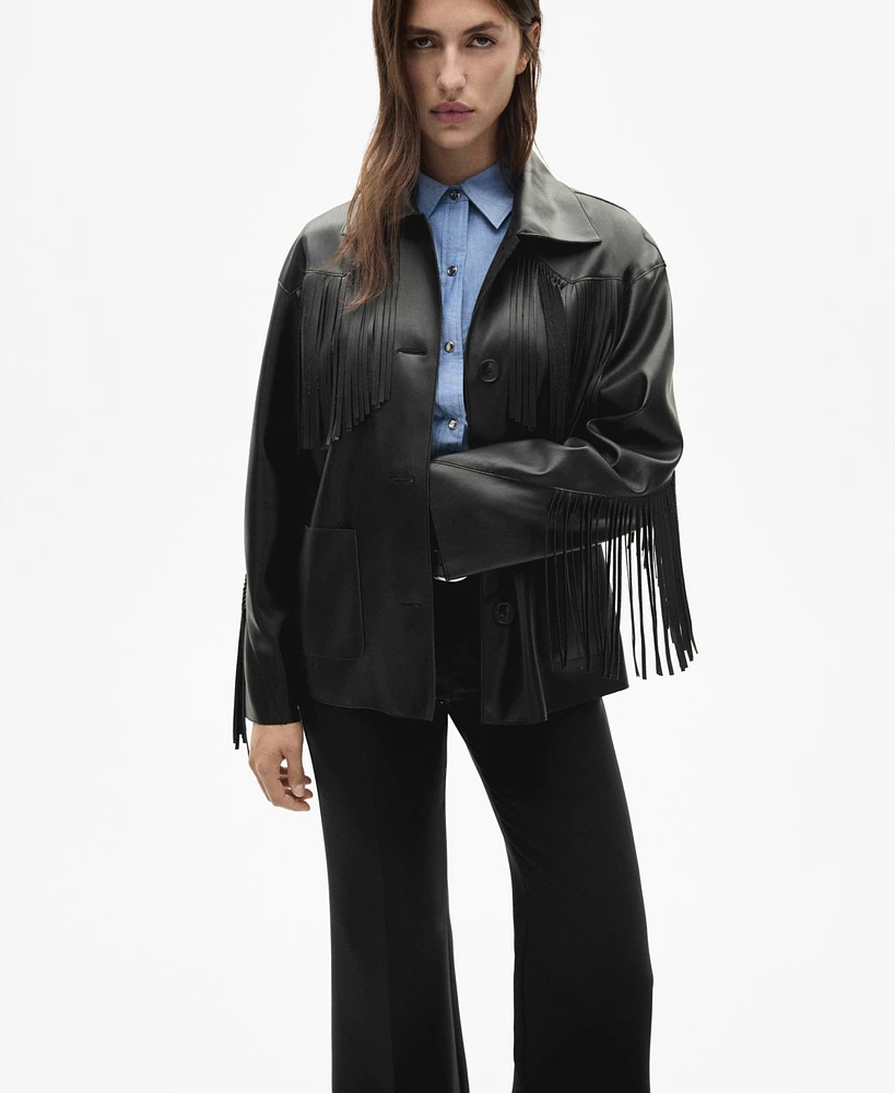 Mango Women's Leather-Effect Fringed Overshirt