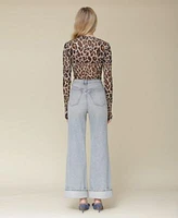 Avec Les Filles Womens Leopard Printed Long Sleeve Mesh Top Cuffed High Rise Wide Leg Jeans