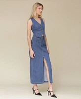 Avec Les Filles Womens Tailored Fitted Button Front Vest Denim Front Slit Maxi Skirt