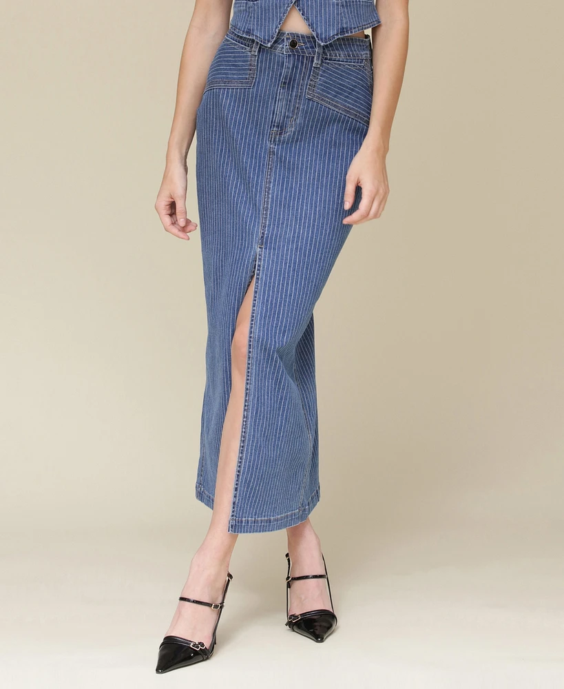 Avec Les Filles Women's Denim Front-Slit Maxi Skirt