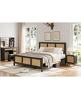 gaomon King Size Rattan Bed Frame with Headboard, Black Boho Cane Platform Bed Frame with Strong Metal Slat, Noise Free