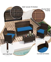 Gouun 4 Pieces Comfortable Outdoor Rattan Sofa Set with Glass Table-Peacock