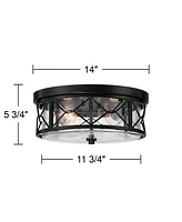 Franklin Iron Works Quincy 14" Industrial Flush-Mount Ceiling Light Fixture Kitchen Foyer Hallway Round Drum 2-Light Black Clear Seeded Glass Bedroom