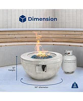 SereneLife 40,000 Btu Round Propane Gas Fire Pit Table with Blue Glass Rocks and Cover