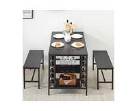 gaomon Dining Table Set for 4, Kitchen Table Set for 4 with 2 Benches, Rectangular Dining Room Table Set with Wine Rack & Storage Shelves