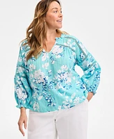 Style & Co Plus Printed Split-Neck Top, Exclusively at Macy's