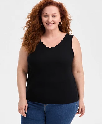 Style & Co Plus Solid-Color Scalloped V-Neck Tank Top, Exclusively at Macy's
