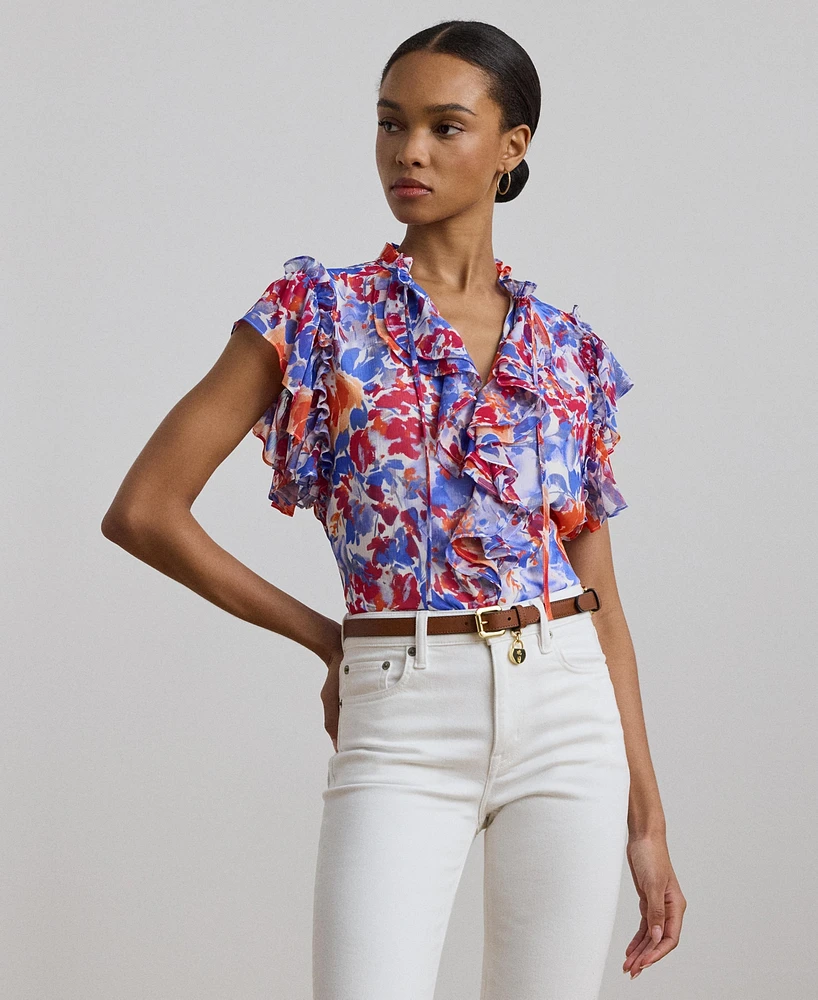 Lauren Ralph Women's Floral Ruffle-Trim Georgette Blouse