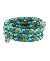 American West Jewelry Sterling Silver Multi-Color Braided Blue, Turquoise and Lime Leather Coil Wrap Bracelet, 34 Inches