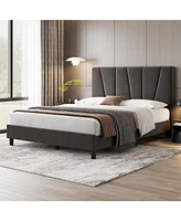 gaomon Bed Frame With Headboard,Linen Upholstered Platform Bed With Adjustable Diagonal Channel Tufted Headboard