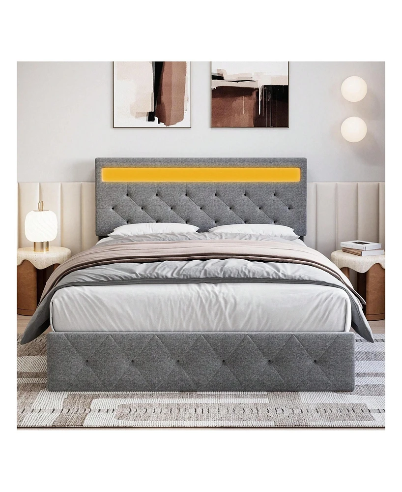 gaomon Full/Queen Size Bed Frame With Led Lights Headboard, Led Bed Frame With Fast-Charging Usb Port, Upholstered Platform Bed Frame, No Box Spring N