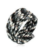 American West Jewelry Sterling Silver Multi-Color Braided Black, White and Gray Leather Coil Wrap Bracelet, 34 Inches