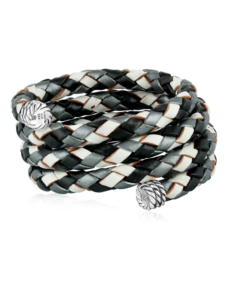 American West Jewelry Sterling Silver Multi-Color Braided Black, White and Gray Leather Coil Wrap Bracelet, 34 Inches