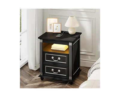 Vlsrka Night Stand with Power Outlets and Usb Ports, Nightstand 3 Color Led Lights, Side Table 2 Drawers Storage, Bedside End 4 S