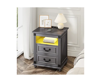 Vlsrka Night Stand with Power Outlets and Usb Ports, Nightstand 3 Color Led Lights, Side Table 2 Drawers Storage, Bedside End 4 S