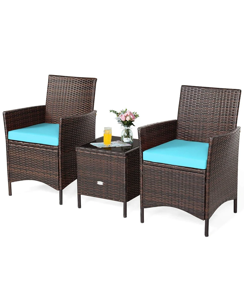 Sugift 3 Pieces Patio Cushioned Rattan Converstaion Set With Glass Table Top