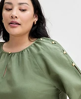 I.n.c. International Concepts Plus Linen-Blend Button-Sleeve Blouse, Exclusively at Macy's